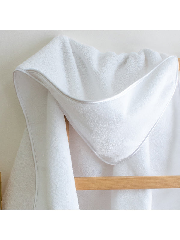 Cape de bain teddy blanche 80x80 cm avec capuche et passepoil cordelette résistant