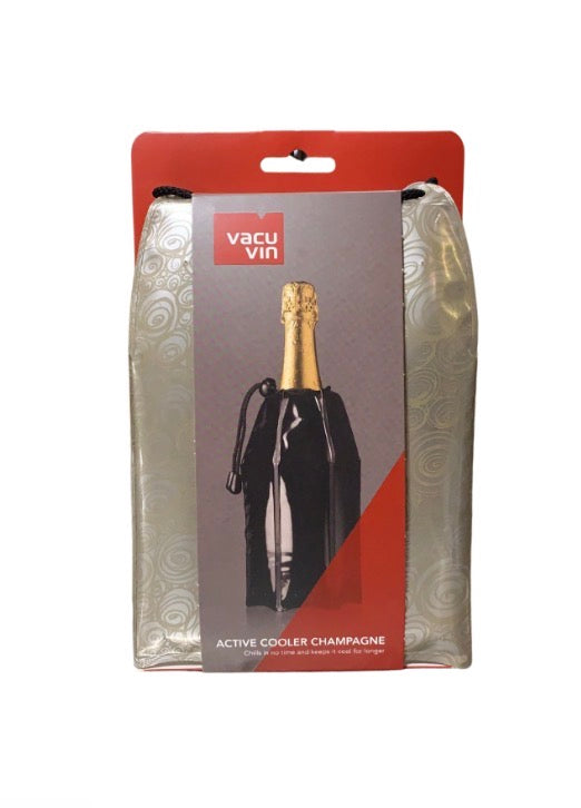 Manchon rafraîchisseur Vacu Vin autour d'une bouteille de champagne