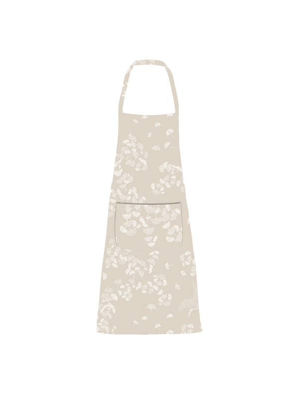 Tablier enduit beige motif Mille Ginkos naturel avec poche, 75x85 cm