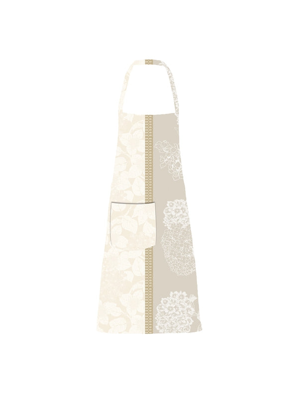 Tablier enduit mille hortensias naturel beige avec poche, format 75x85 cm