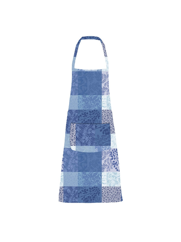 Tablier enduit en coton motif mille rameaux bleu avec poche, taille 75x85