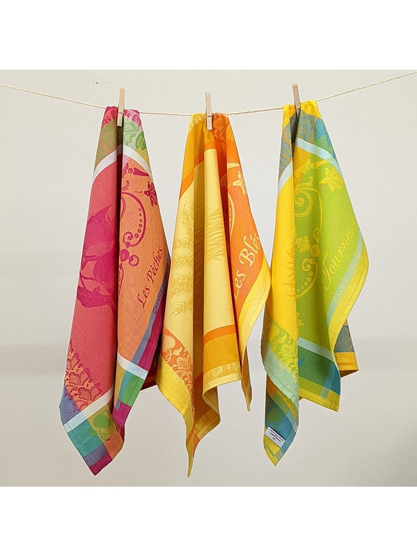 Torchon Les Pêches Rose en coton 56x77 cm, motif pêches sur fond rose