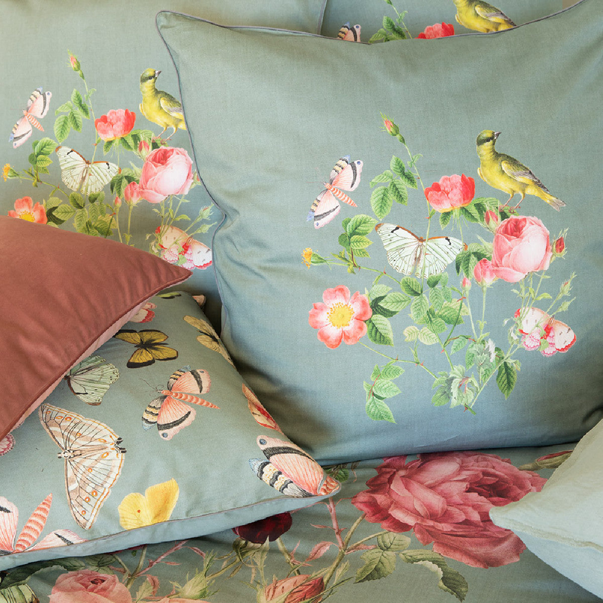 Housse de Couette Roseraie gris vert - Garnier-Thiebaut