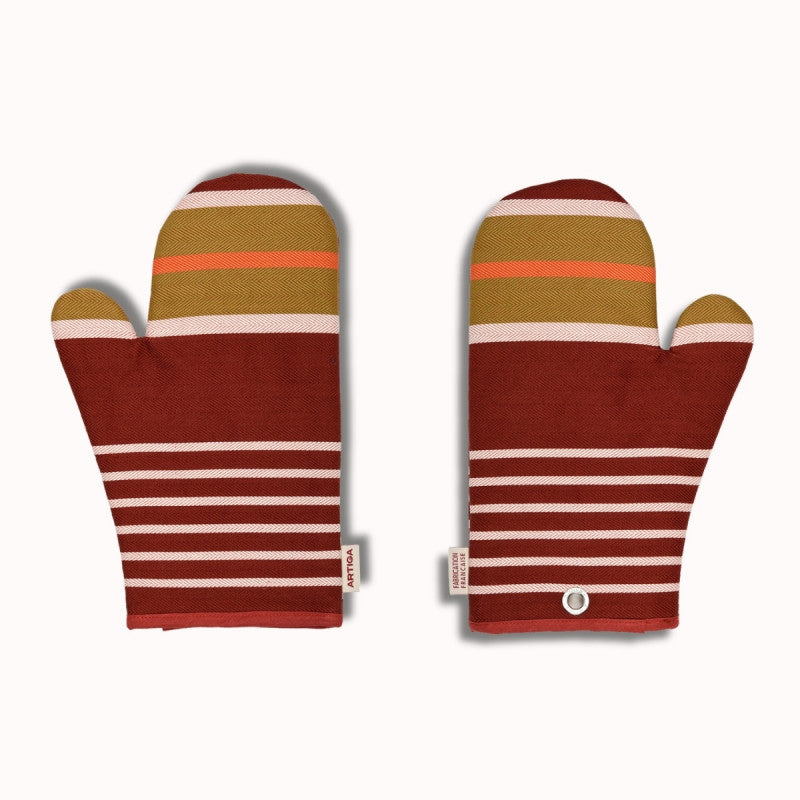 Moufle Artiga Sarron - rayures colorées sur fond rouge profond