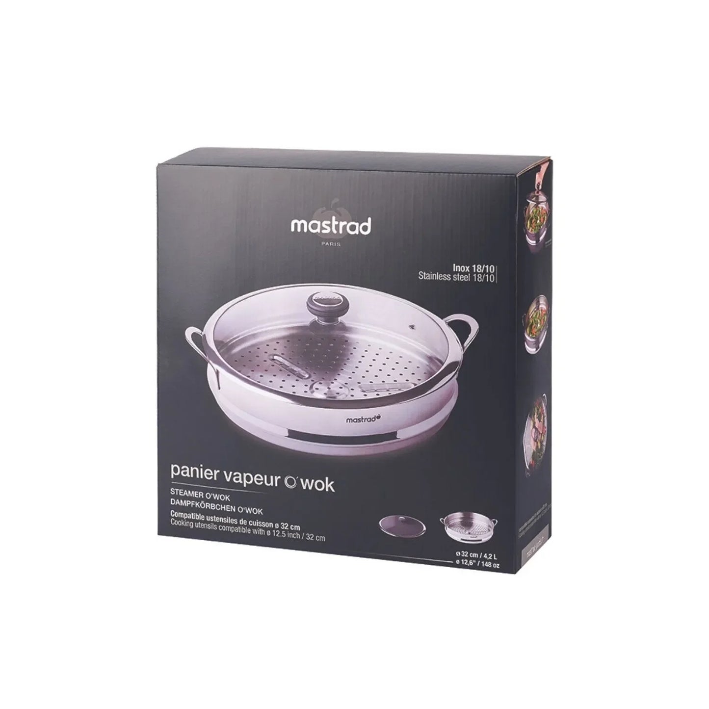Wok de cuisine - Couvercle et poignée - 4,2L - Panier vapeur - Inox - 32 cm - Tous Feux - O'Wok Gourmet - Mastrad