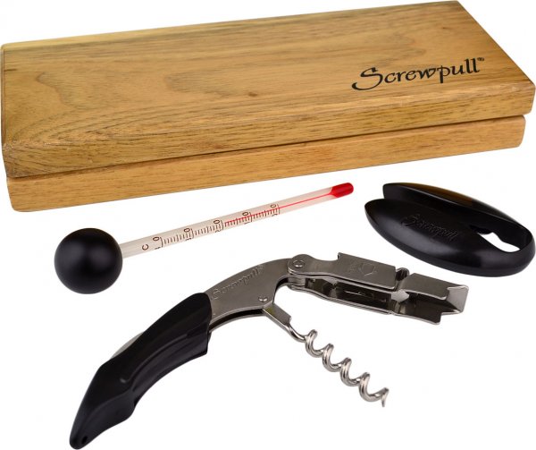 Coffret Screwpull en bois avec tire-bouchon, coupe-capsule et thermomètre