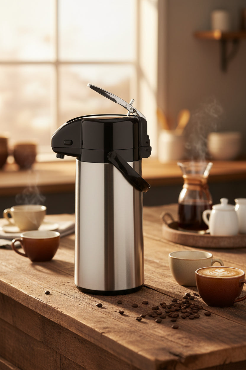 Pichet isotherme à pompe 2,2 L en inox sur base pivotante