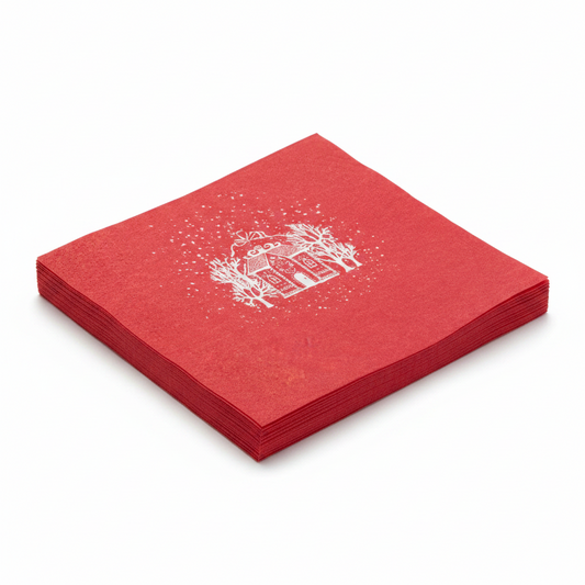 Serviette de table motif maisons pain d'épice fond rouge