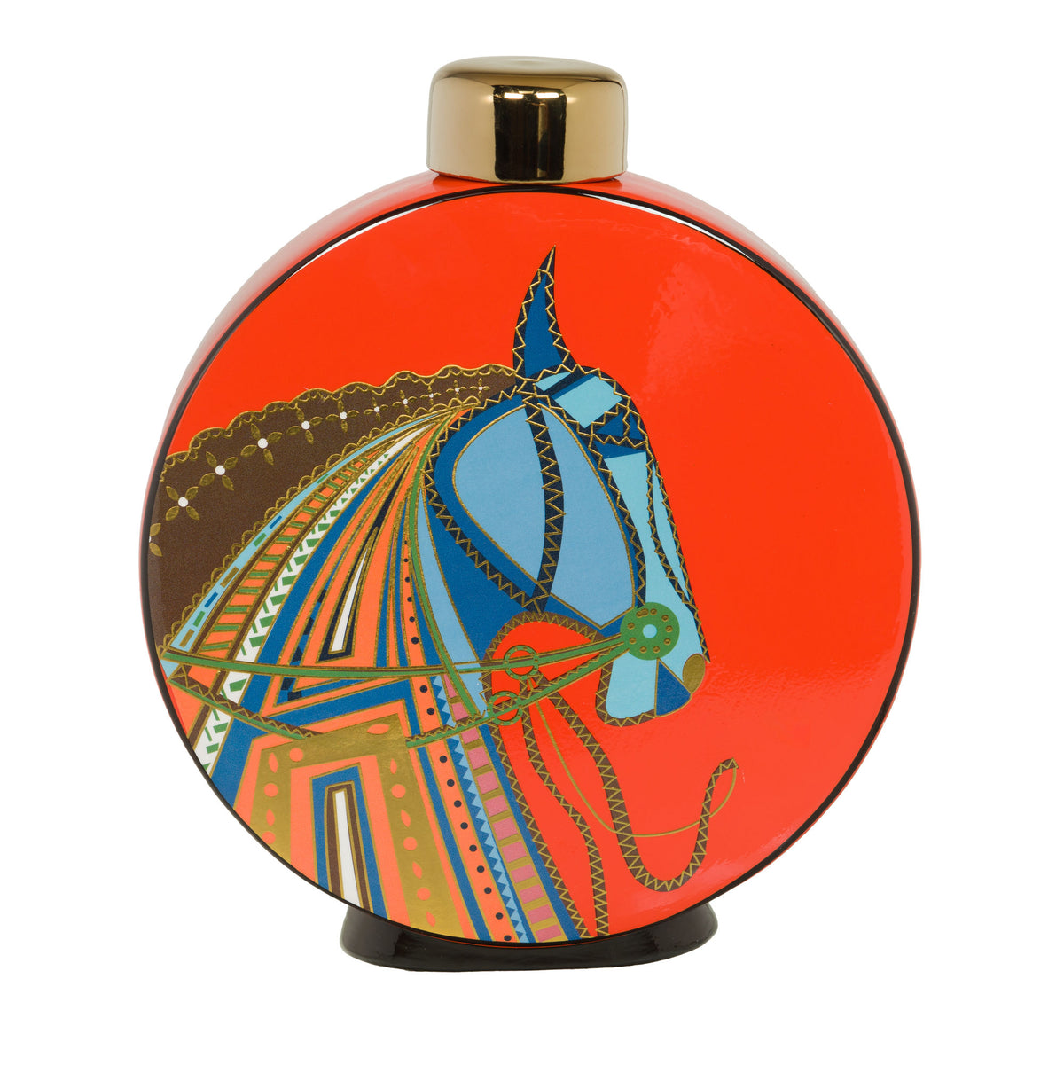 Vase en céramique Amadeus - décor équestre orange sur fond rond