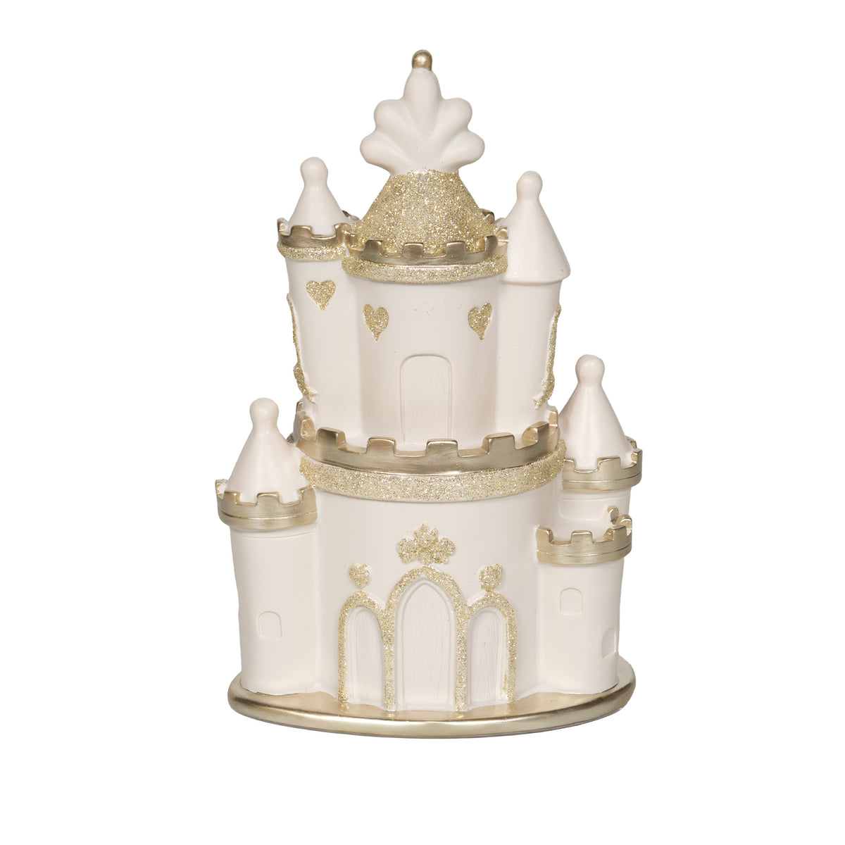 Tirelire château beige et doré en résine 24 cm