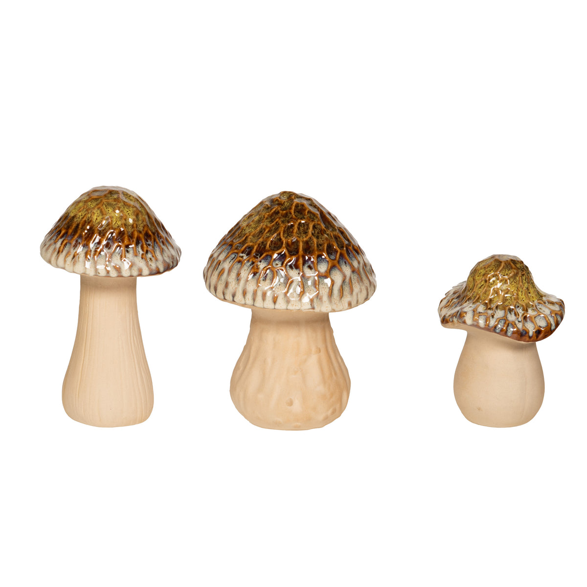 Set de 3 champignons décoratifs en céramique - effet mousse aux tons bruns