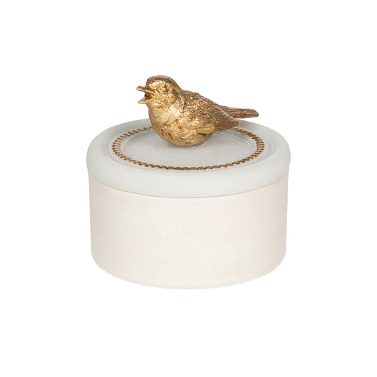 Boîte ronde en résine crème - couvercle surmonté d'un oiseau doré