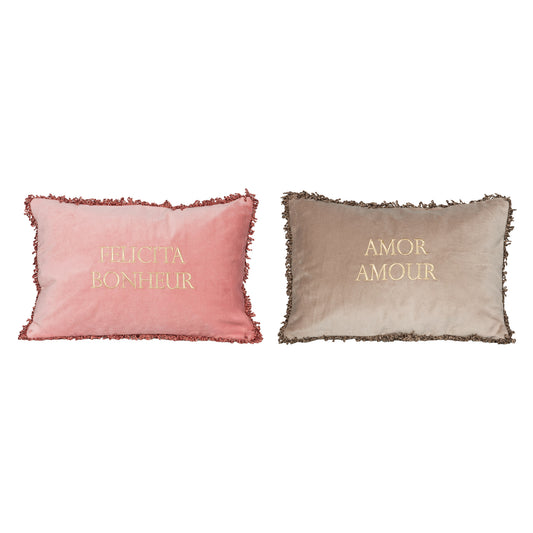 Coussin Felicita effet velours vieux rose - broderie dorée et franges