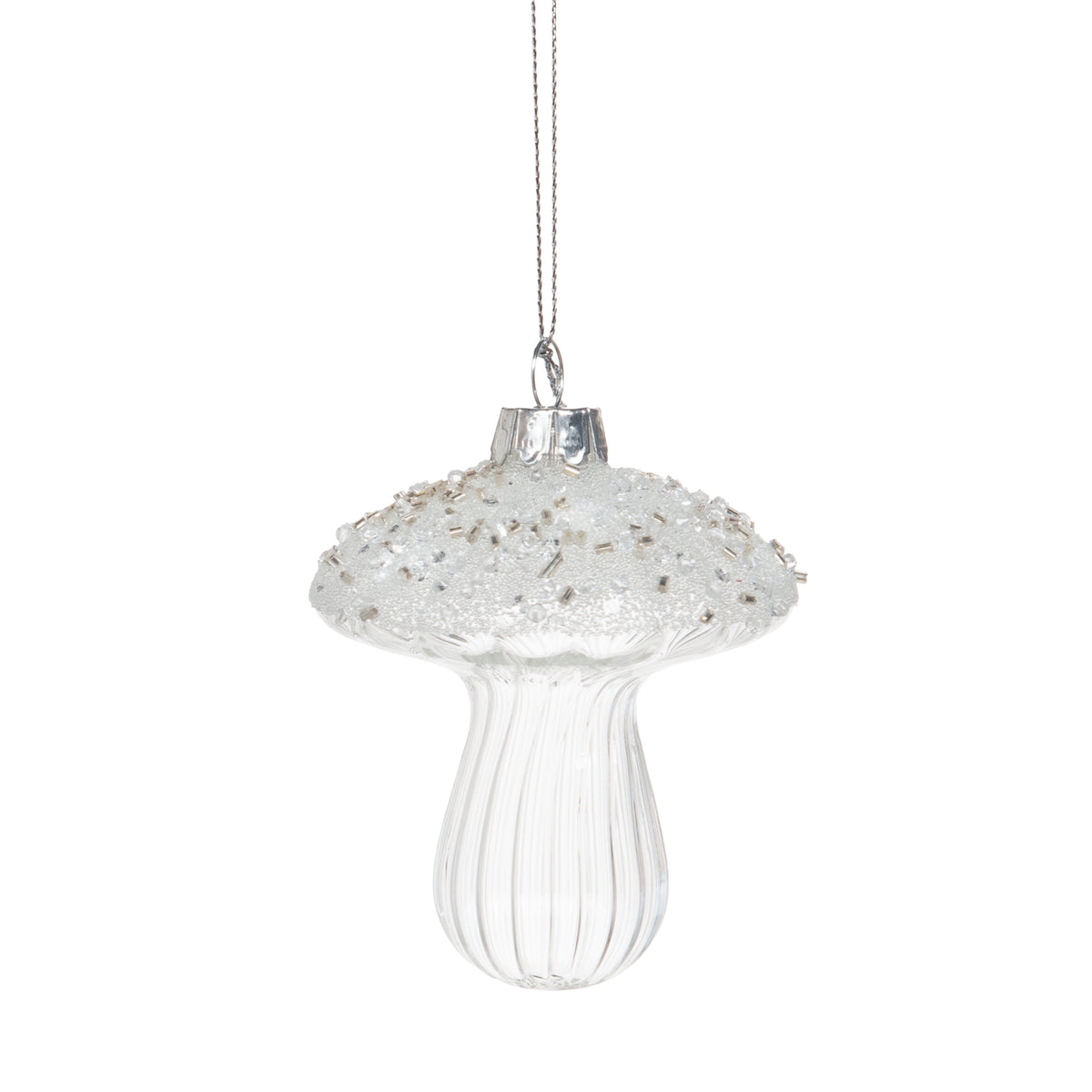 Décoration de Noël champignon givré en verre - blanc pur aux reflets scintillants