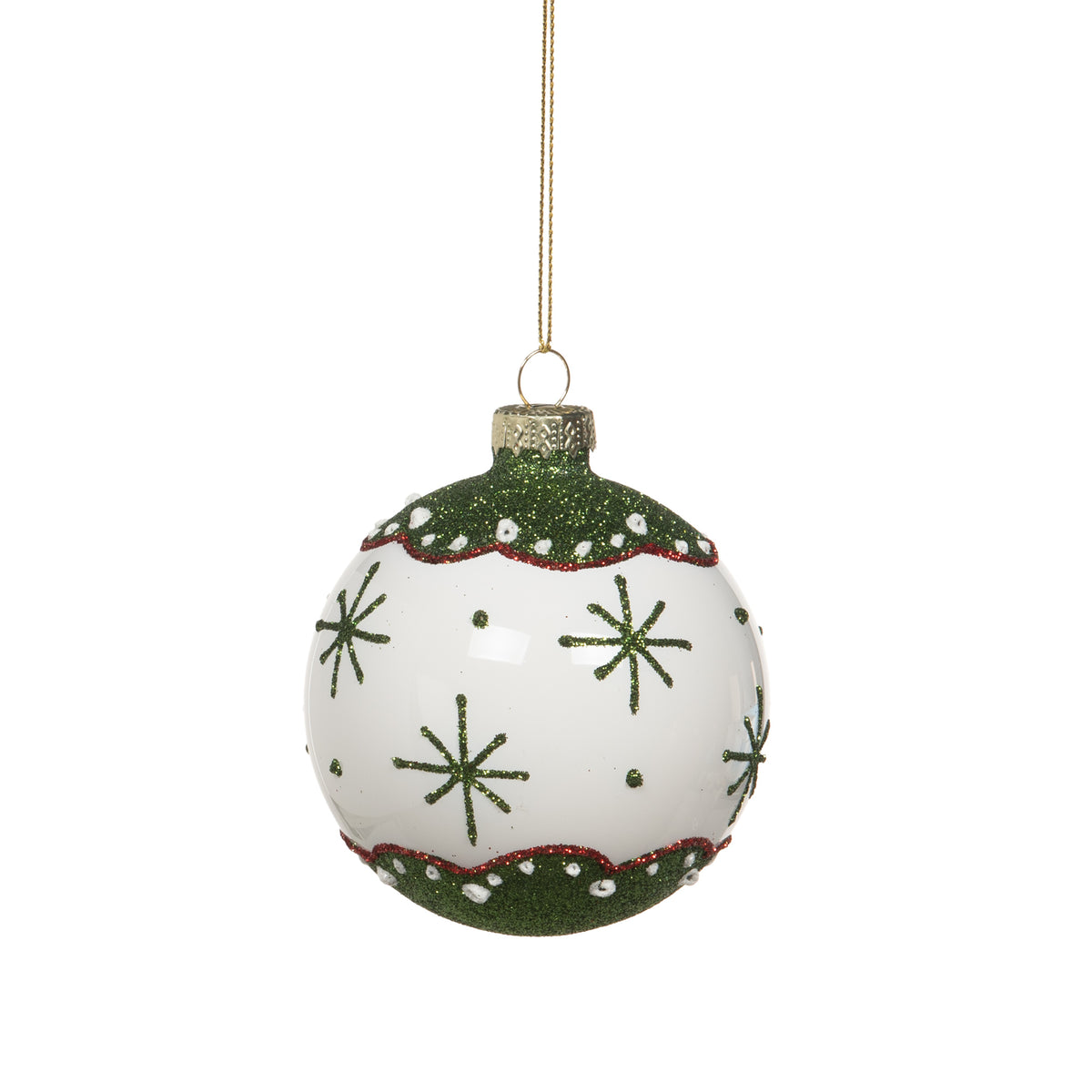 Boule de Noël Pixy en verre blanc - bordure verte scintillante et motifs étoilés