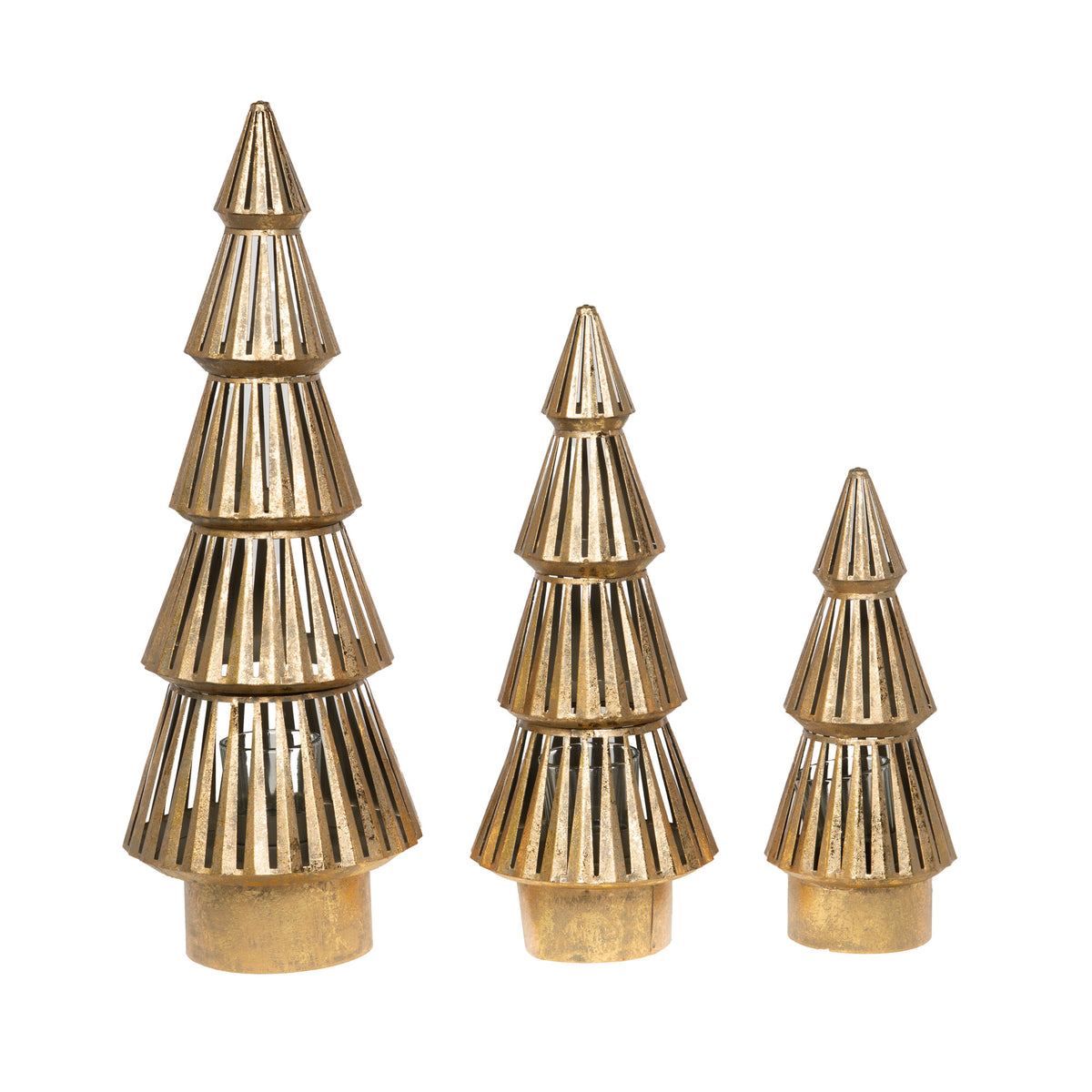 Set de 3 photophores sapin en métal doré h33 cm