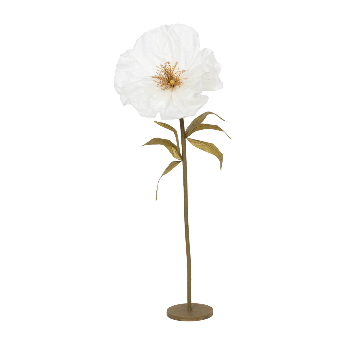 Fleur sur socle Poppy - coquelicot géant en papier blanc aux feuilles dorées