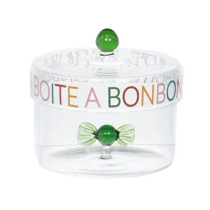 Bonbonnière en verre transparent - couvercle inscrit Boîte à bonbons multicolore