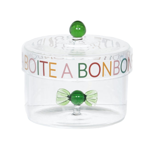 Bonbonnière en verre transparent - couvercle inscrit Boîte à bonbons multicolore