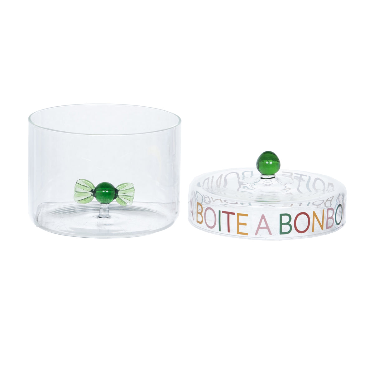 Bonbonnière Bonbon Amadeus - bouton vert sur couvercle décoré