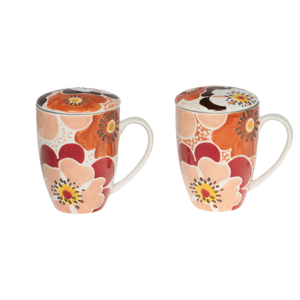 Mug filtre Florine en grès - décor floral rouge et orange