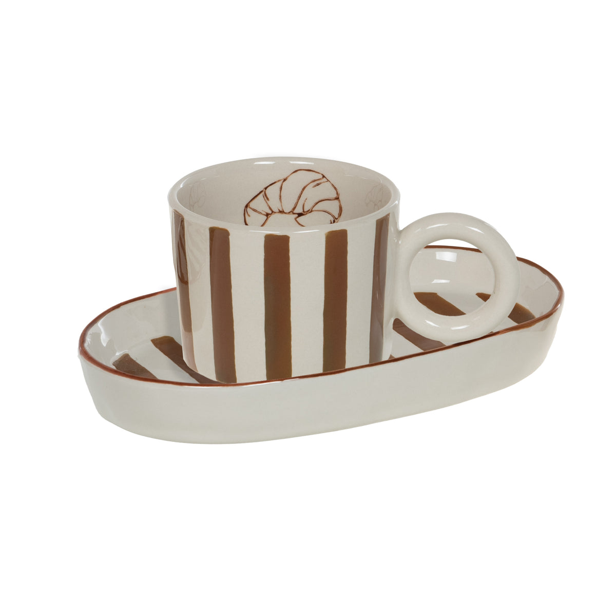 Set tasse et coupelle ovale Dario - céramique crème à rayures brunes