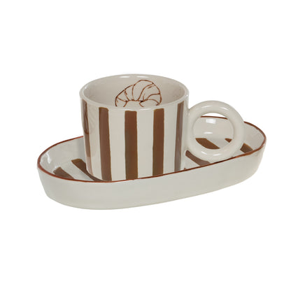 Set tasse et coupelle ovale Dario - céramique crème à rayures brunes