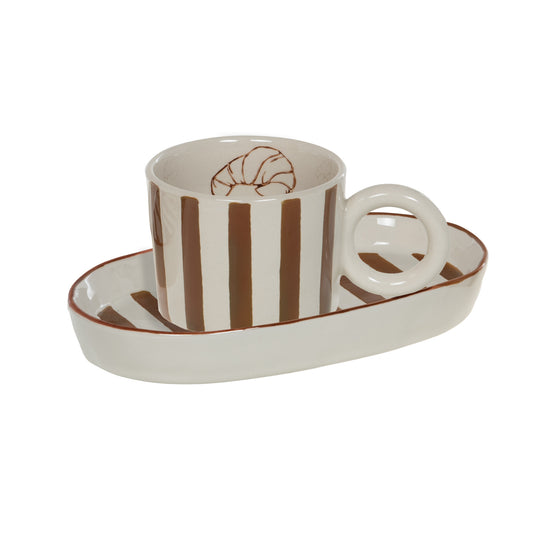 Set tasse et coupelle ovale Dario - céramique crème à rayures brunes
