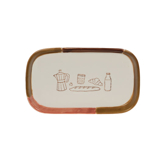 Plat ovale en céramique crème - illustrations gourmandes et bord bicolore