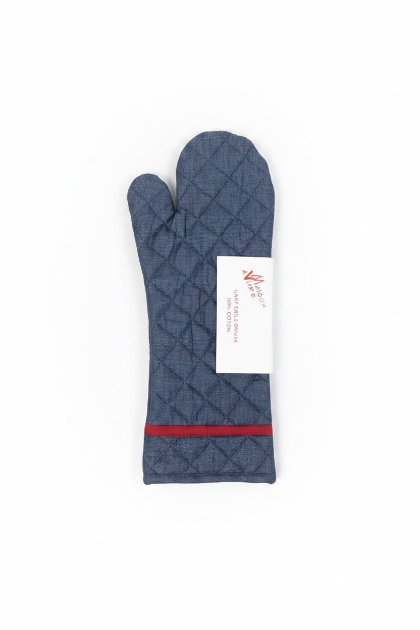 Gant grill Maison Vire en coton denim matelassé à liseré bordeaux