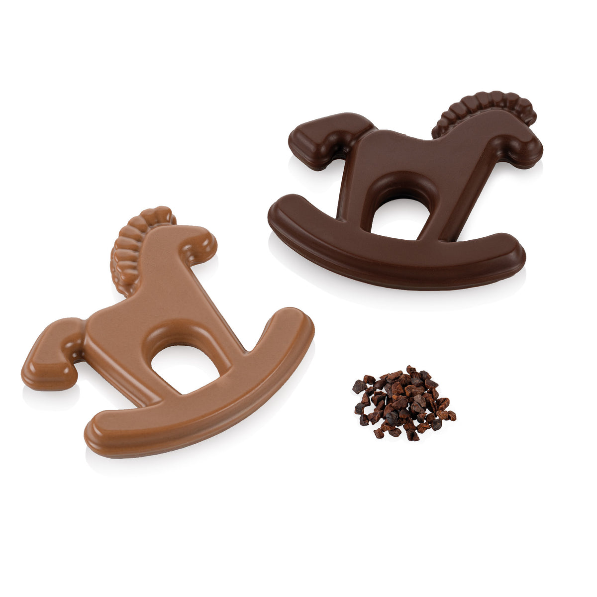 Chocolats en forme de cheval à bascule, réalisés avec le moule Choco Playhorse Silikomart