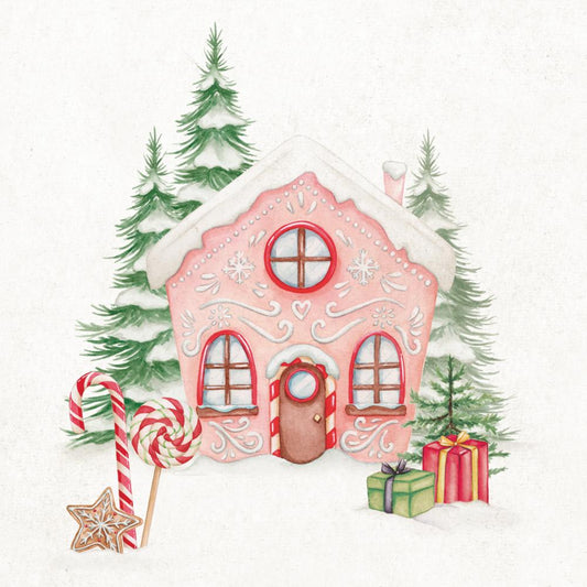 Serviette en papier Casetta Caramelle - maison en pain d'épices rose et sapins enneigés