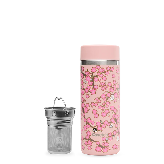 Théière isotherme nomade Qwetch 400 ml - motif de fleurs sur fond rose pastel
