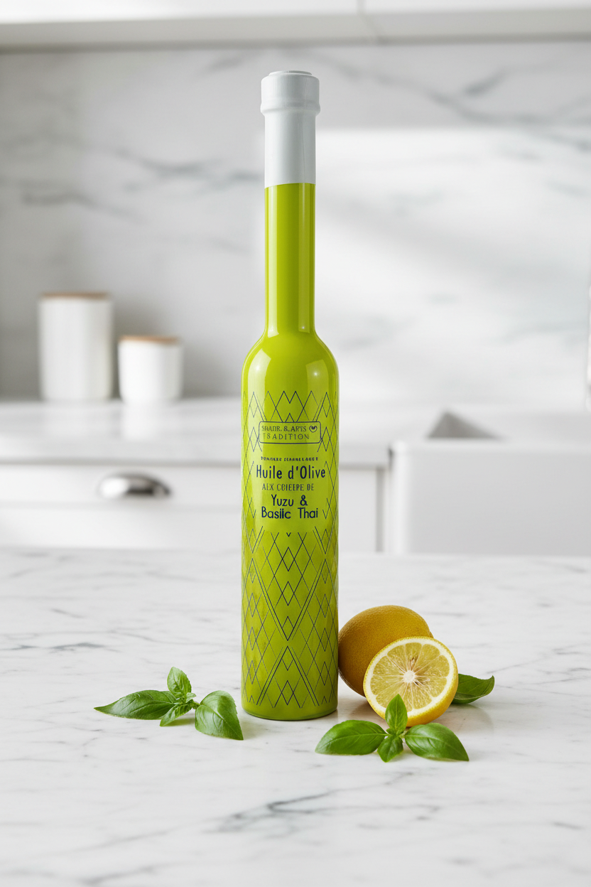 Huile d'olive saveurs yuzu et basilic thai - Savor & Sens