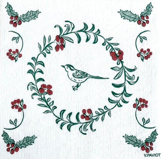 Serviette cocktail motif oiseau de Noël format 25x25 cm