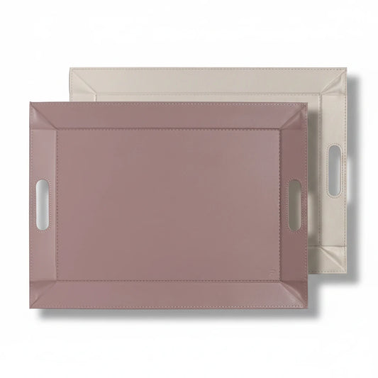 Plateau réversible Freeform 45x35cm Crème/Rose - similicuir bicolore surpiqué