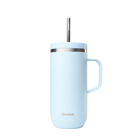 Cold cup isotherme Qwetch 600 ml - bleu pastel avec anse et paille