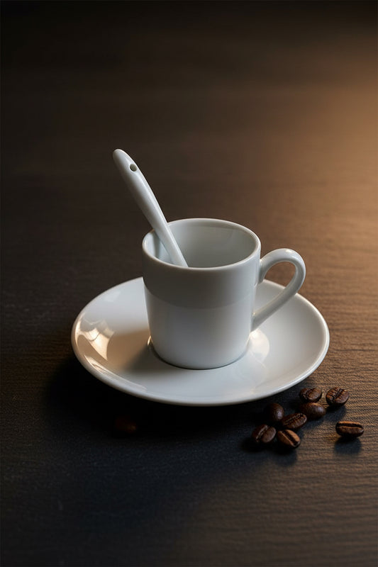 Tasse à café blanche avec soucoupe et cuillère en porcelaine
