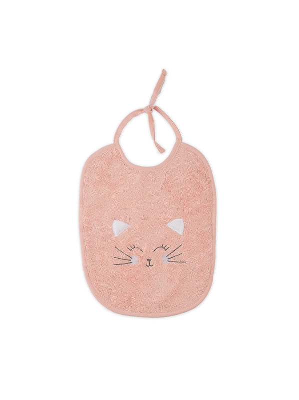 Bavoir bébé rose avec motif petit chat en coton 100%, fermeture par lien