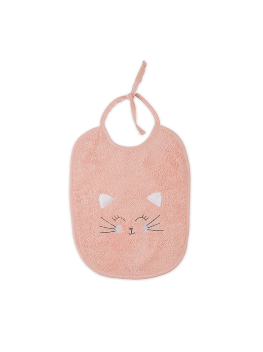 Bavoir bébé rose avec motif petit chat en coton 100%, fermeture par lien