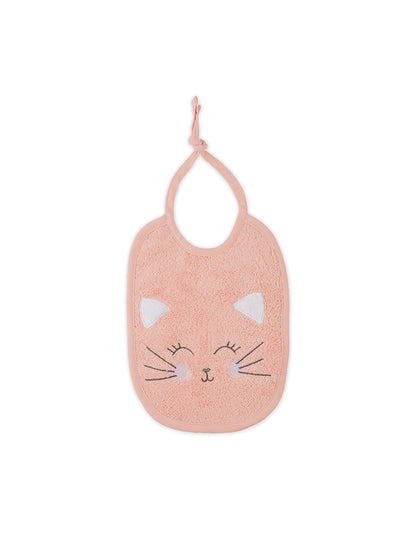 Bavoir bébé rose avec motif petit chat en coton 100%, fermeture par lien