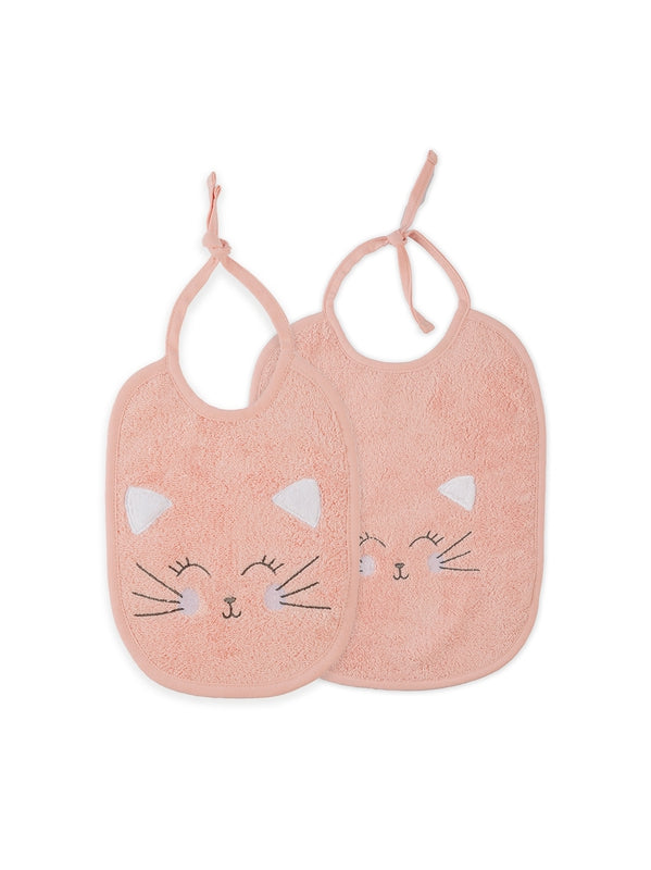 Bavoir bébé rose avec motif petit chat en coton 100%, fermeture par lien