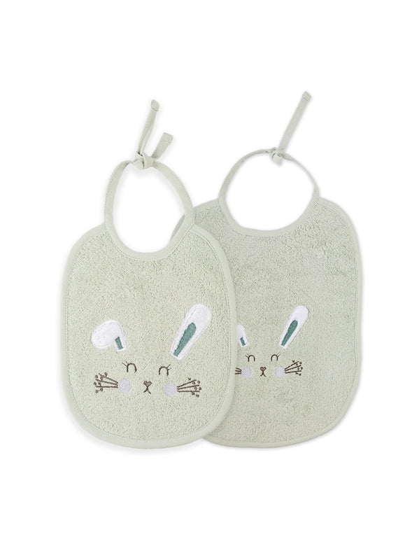 Bavoir petit lapin vert d'eau en coton avec biais renforcé