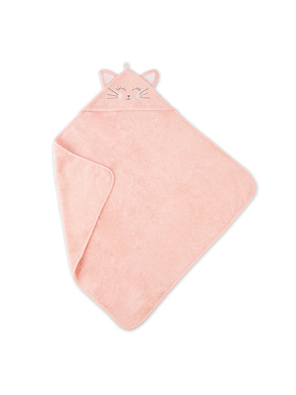 Cape de bain enfant en coton blanc avec motif petit chat rose et attache cousue