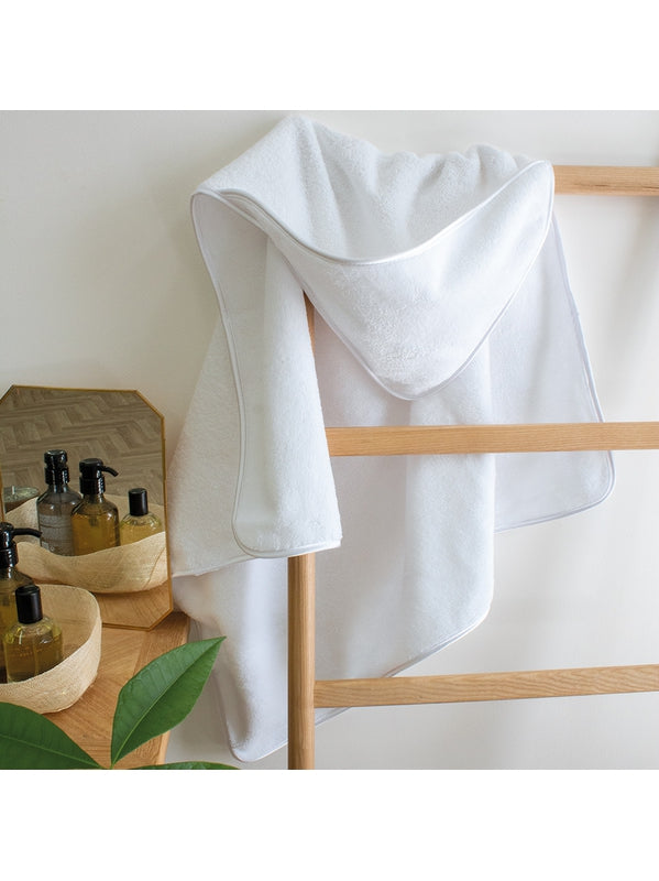 Cape de bain teddy blanche 80x80 cm avec capuche et passepoil cordelette résistant