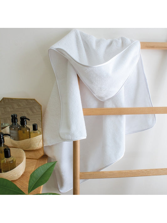 Cape de bain teddy blanche 80x80 cm avec capuche et passepoil cordelette résistant
