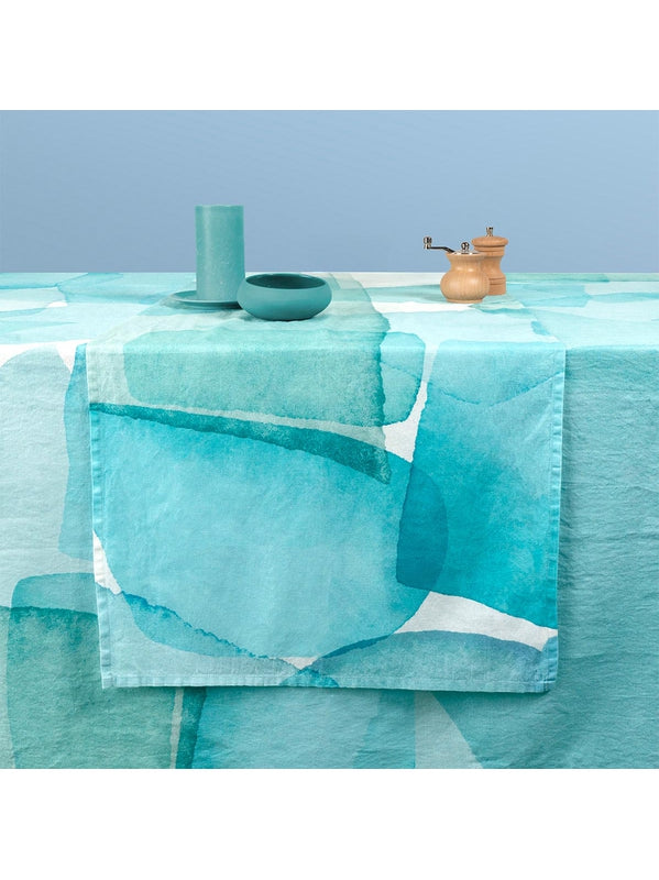 Chemin de table aqua mineral bleu 50x150 cm en coton et lin, finition ourlets 10 mm