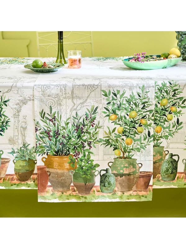 Chemin de table provençal olive vert 50x150 en coton-lin avec motif olive