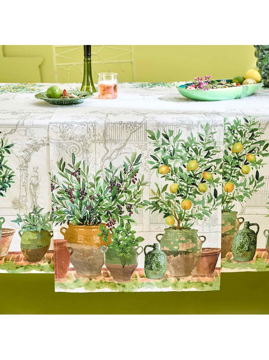 Chemin de table provençal olive vert 50x150 en coton-lin avec motif olive