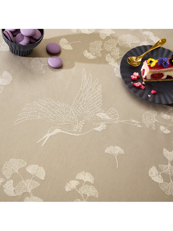 Chemin de table motif ginkgo naturel beige 50x180 cm en coton